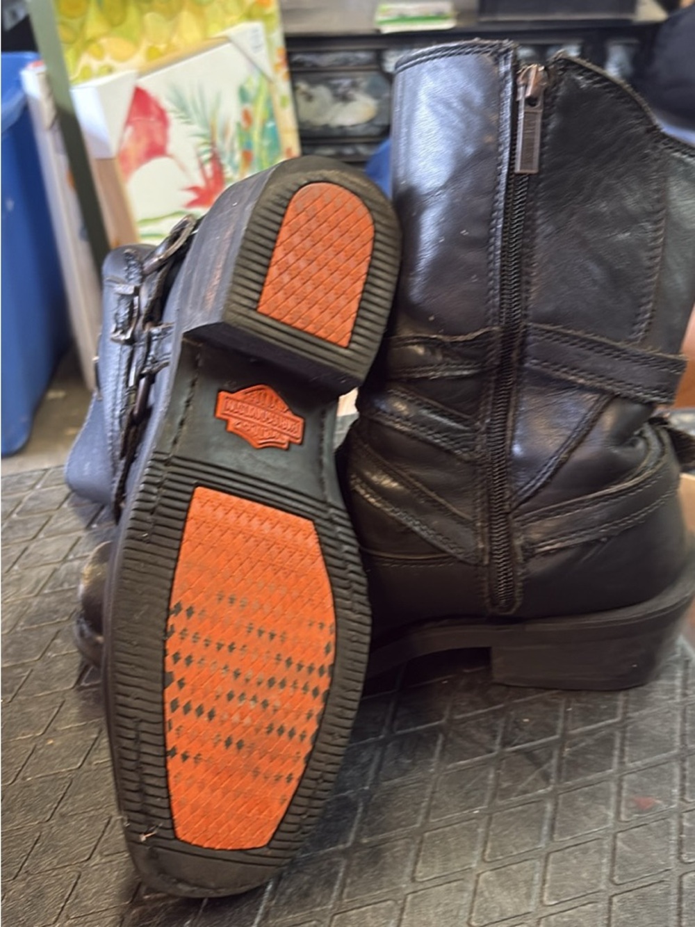 Women’s  size 9 1/2 Black Leather Zip Ankle Boots with Orange Outsole